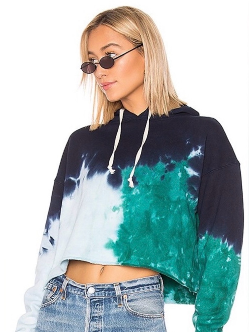 Re/Done Cropped Tie-Dye Hoodie in Teal, Navy & White